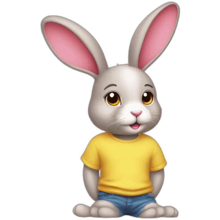 rabbit pink, pull ears, wears teeshirt yellow emoji