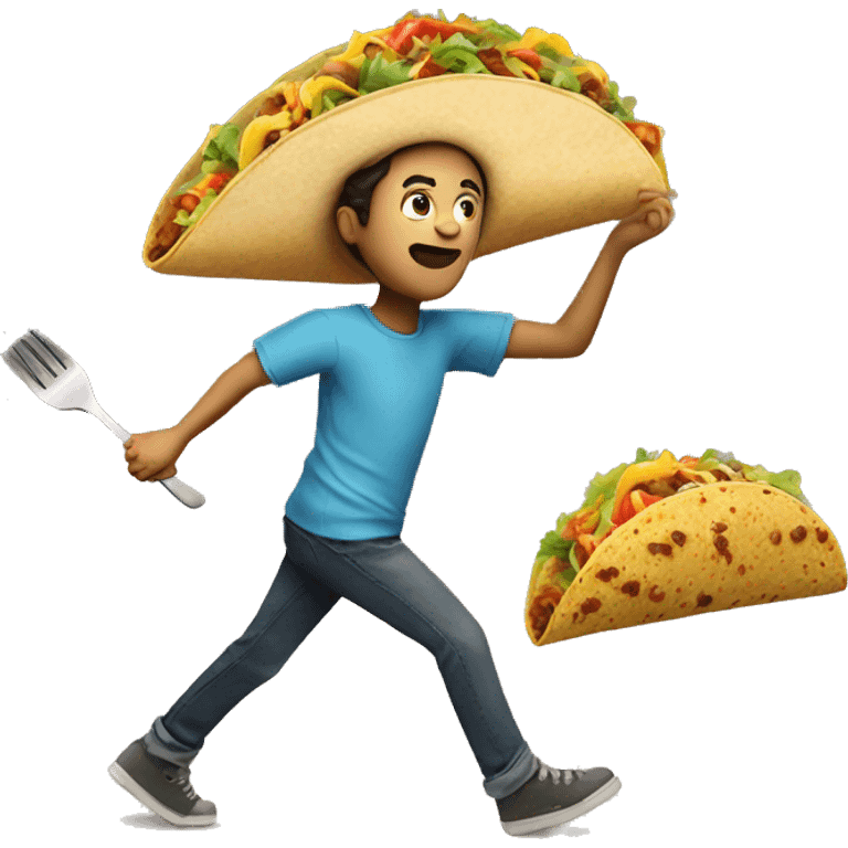 A boy with fork and knife chasing a life sized taco emoji