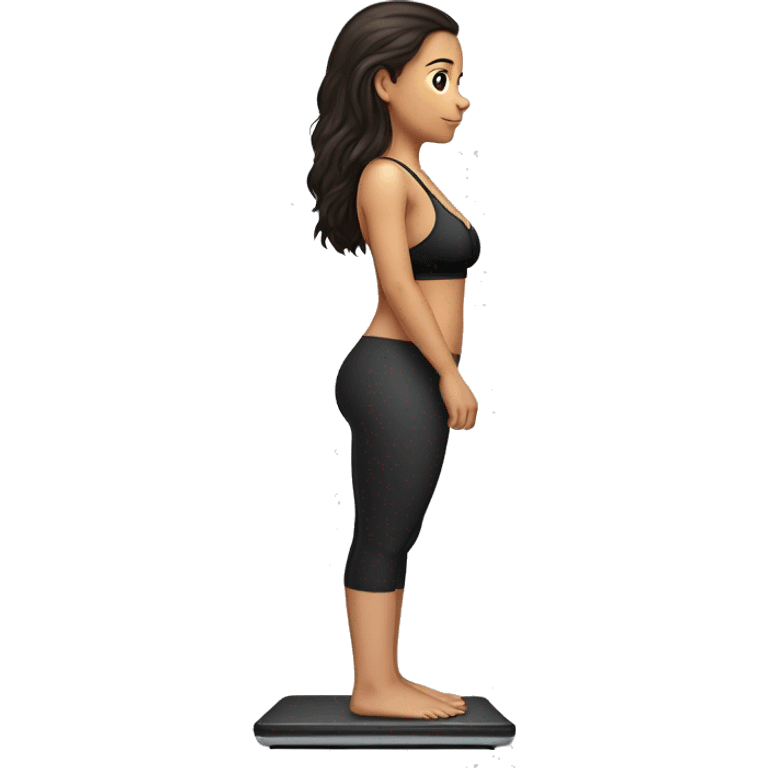 Side view of a brunette girl standing on a bathroom scale, looking down, wearing black leggings and a sports bra emoji