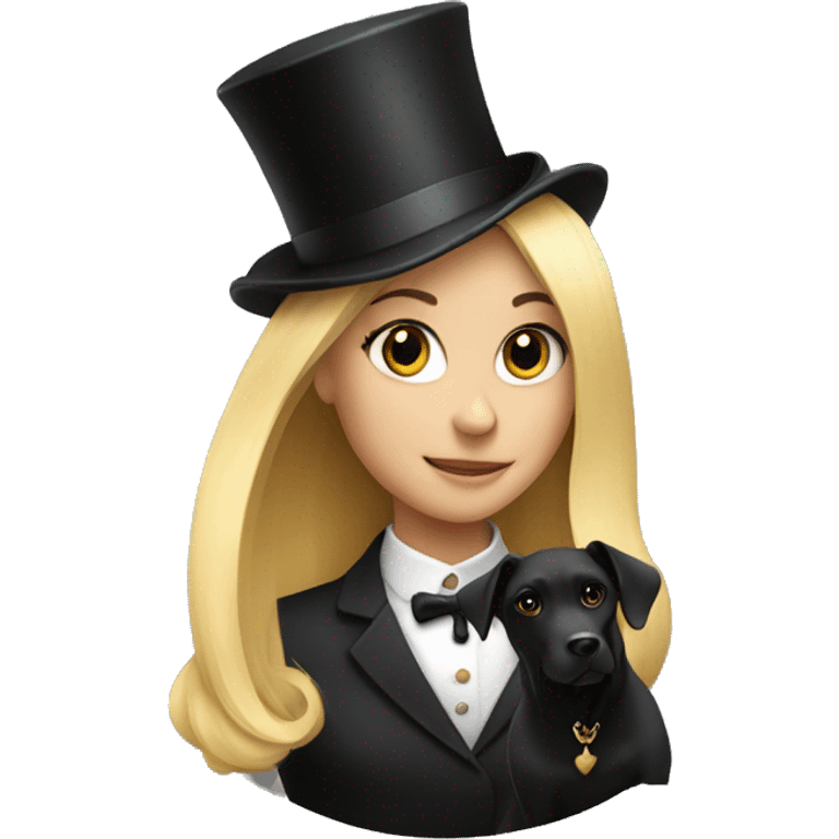 Blonde girl, black dog with a top hat emoji