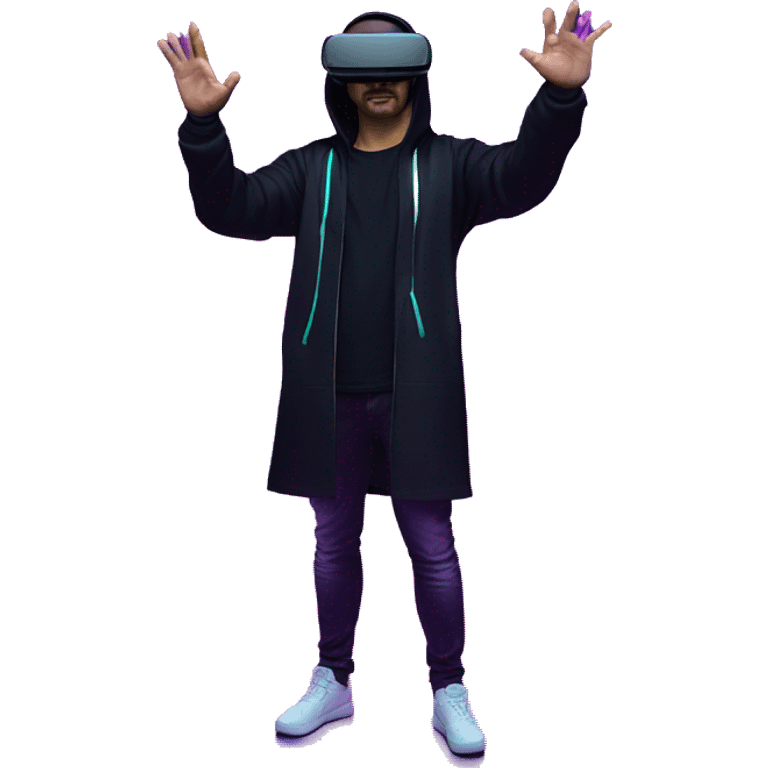 Russian man wearing a black hoodie with "OMG" letters on it and VR headset oculus quest 2 in a cyberpunk VR environment with violet neon lighting. Showing direction with hand emoji