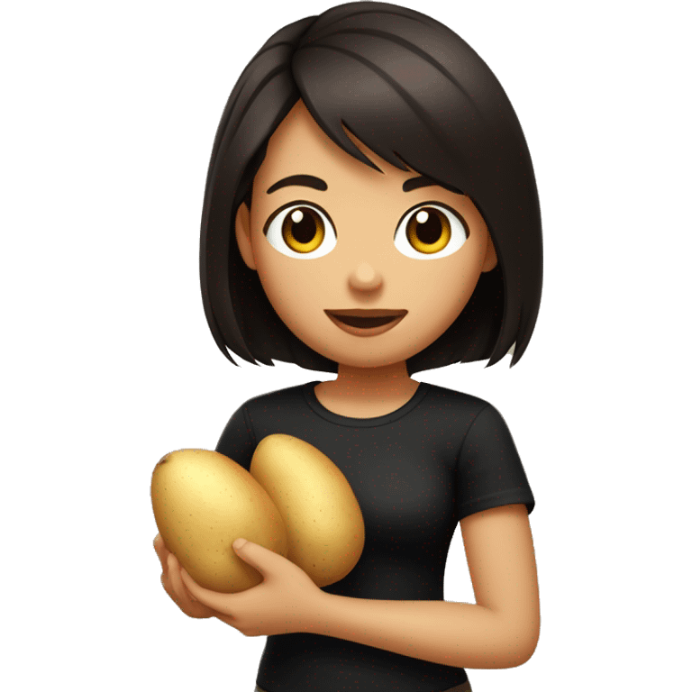 Girl with dark brown bob haircut and fair skin in black t-shirt holding a potato  emoji