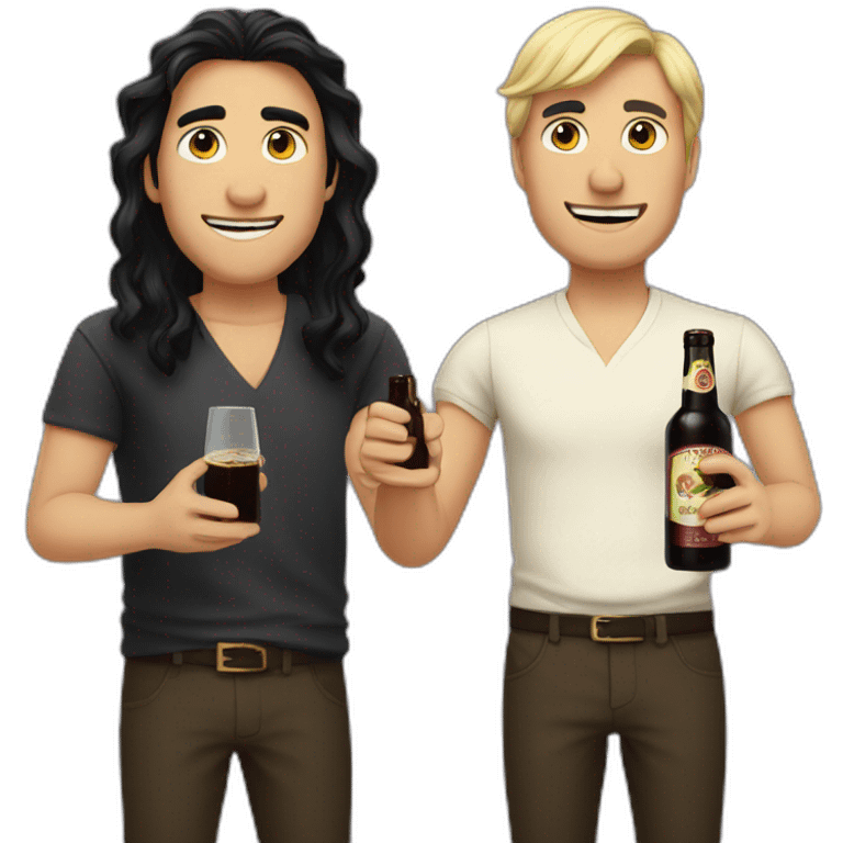 two men, one with long black hair, one with short blonde hair, both holding a bottle of fernet emoji