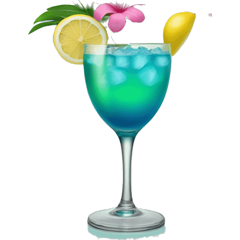 Blue/green cocktail with pink tropical flowers and lemon emoji