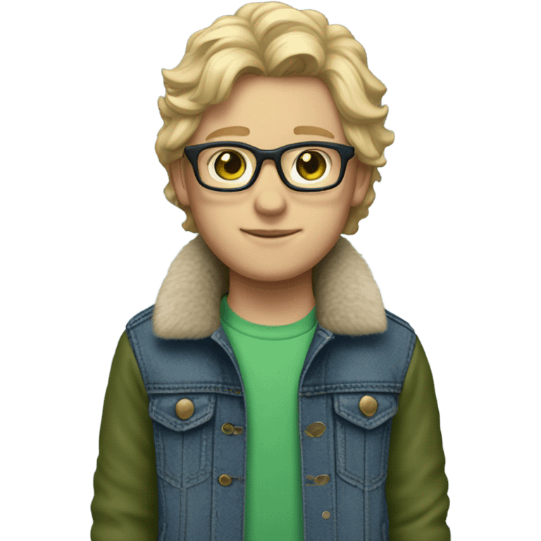 blonde shoulder-length haired boy with green eyes , glasses , blue jean jacket with fur lining emoji