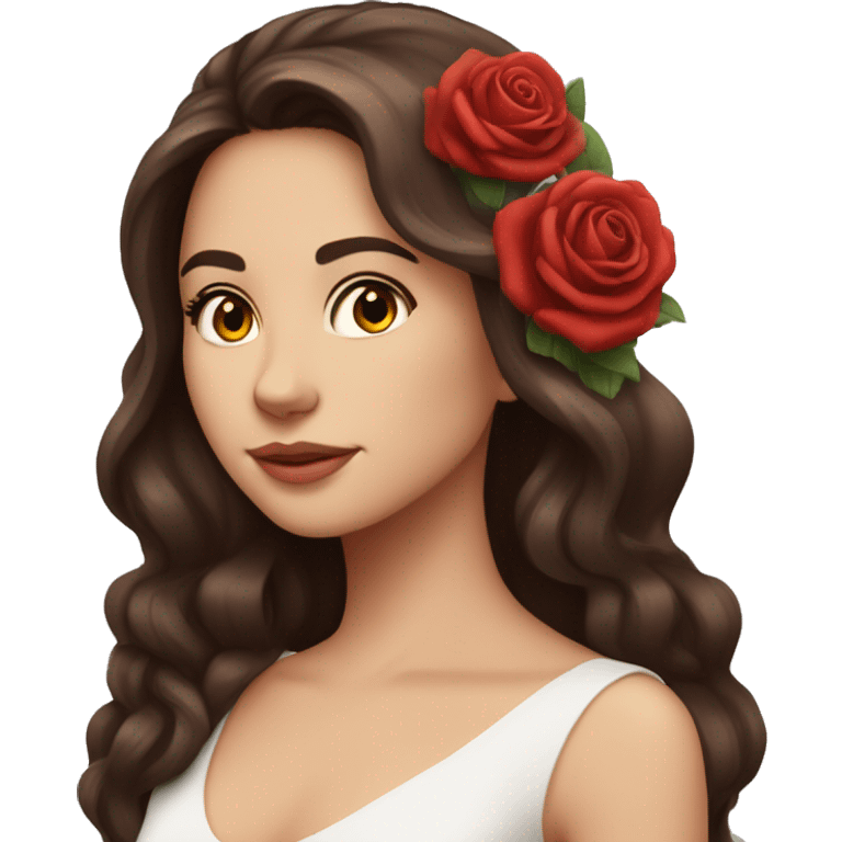 Beautiful, rose, red, flowers in hair, long dark brown hair, white fair skin emoji