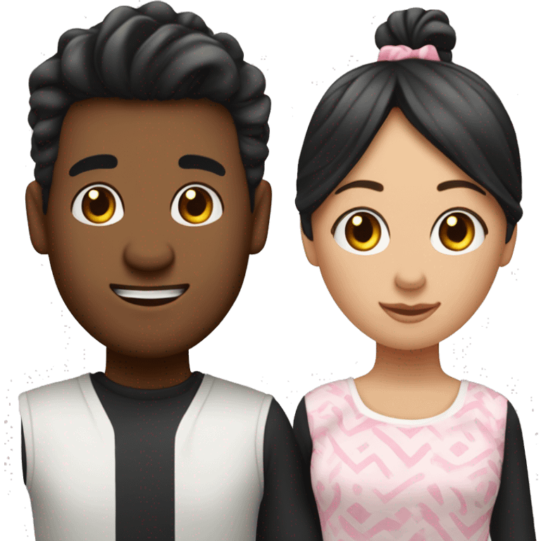 Pareja de un chico alto, moreno con el pelo negro y una chica baja, blanca y con el pelo negro rizado, los dos vestidos con un pijama de vacas emoji