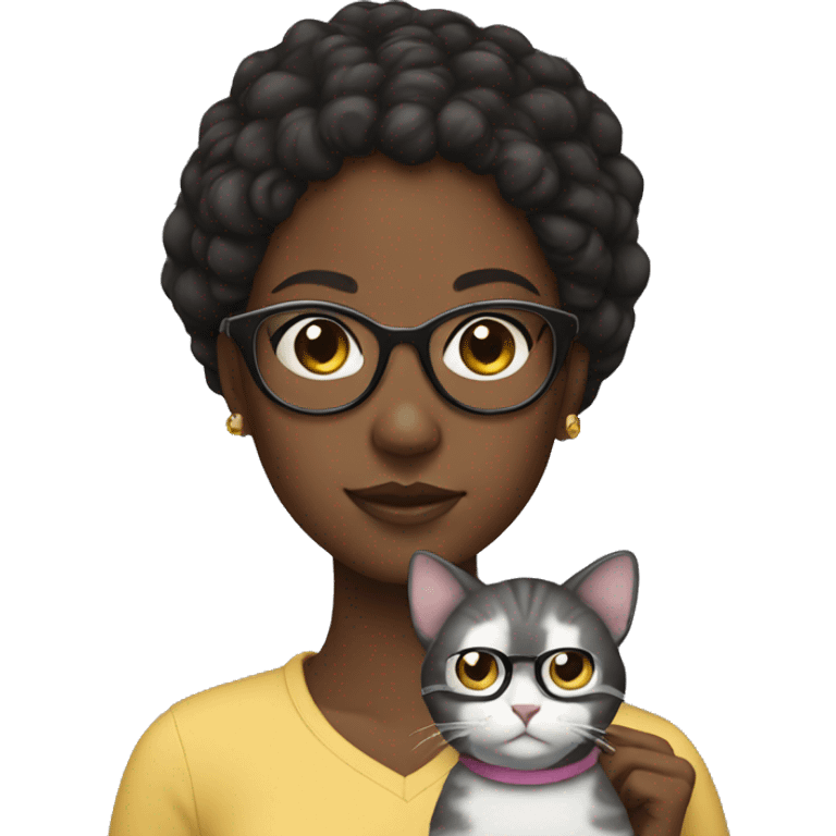 Black girl wears glasses holding a cat on her shoulder  emoji