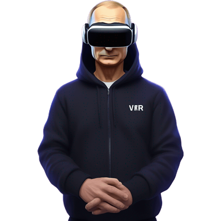 Vladimir Putin wearing a black hoodie with "OMG" letters on it and VR headset oculus quest 2 in a cyberpunk VR environment with violet neon lighting. emoji