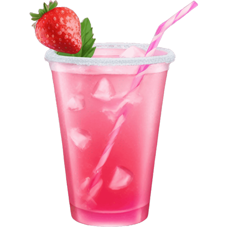 Pink drink with ice, straw, and strawberry on rim emoji