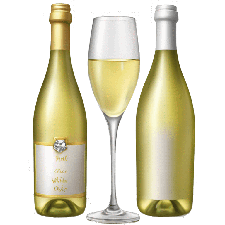 Realistic sparkling diamond glam bottle of pure white Wine and matching long stem wine glass. emoji