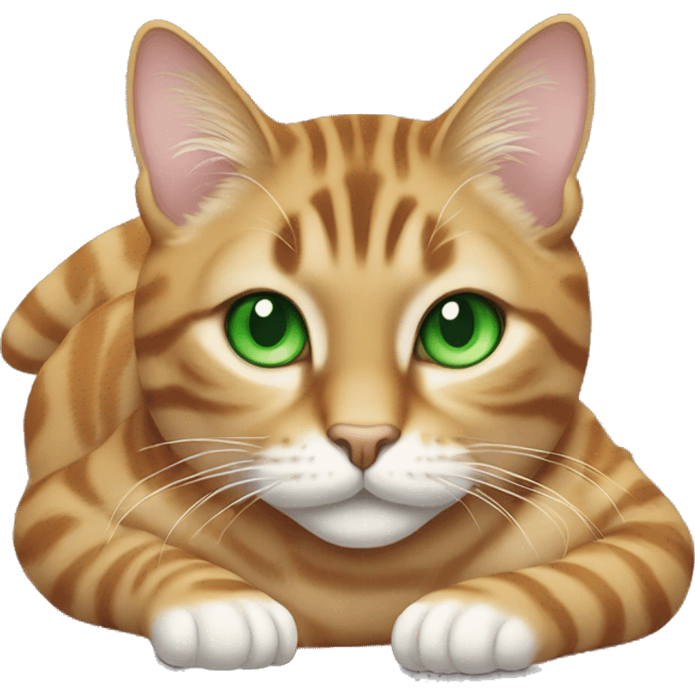 A big tabby cat with green eyes is laying flat on his stomach  emoji