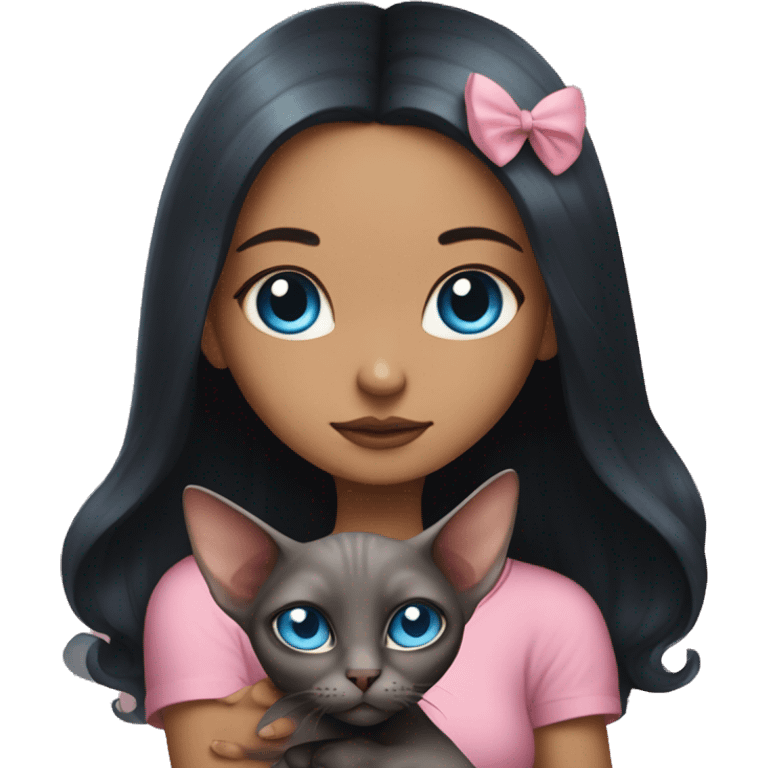 A girl with long black hair holds a pink sphinx cat with blue eyes in her arms emoji