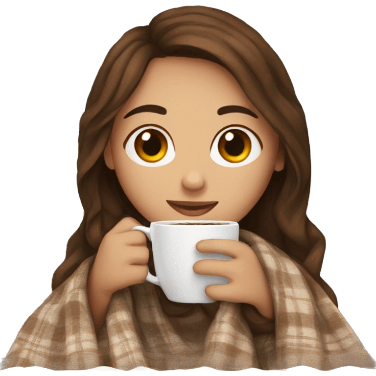 Brown hair Girl drinking coffee, with a cozy blanket emoji