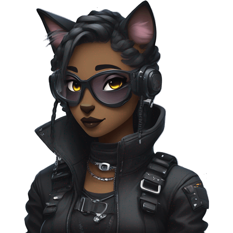 Gorgeous dark techwear cyberpunk style anthro cat sona, aesthetic, and pretty edgy black with collar and harness, trending style emoji