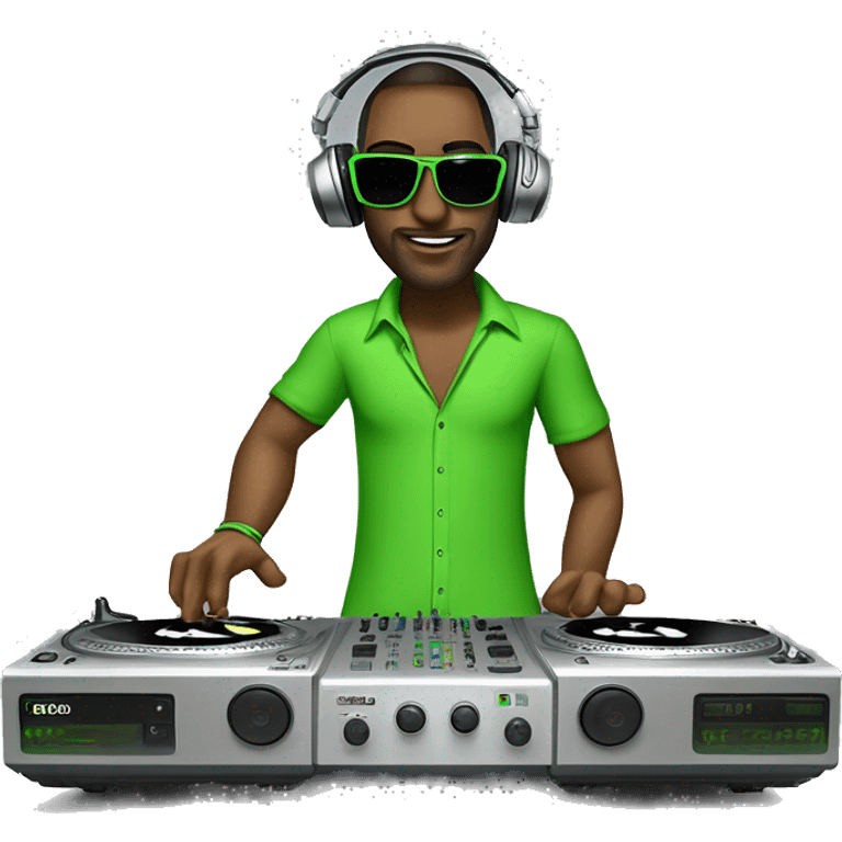 tall dj man with long luscious hair, shades, headphones and an electric green shirt on that says “365”, on a mixer turntable emoji