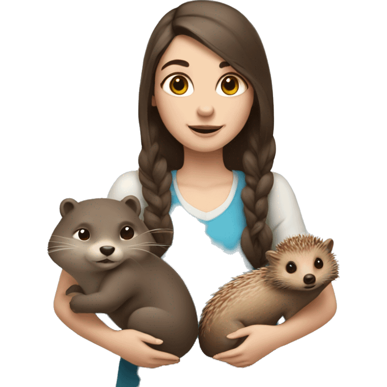 a girl with blue eyes and fair skin with an otter and a hedgehog in her hands emoji