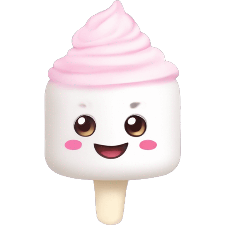 Kawaii  marshmallow with big cute eyes, smiling, chantilly cream on head, white and pink flat vector colors emoji