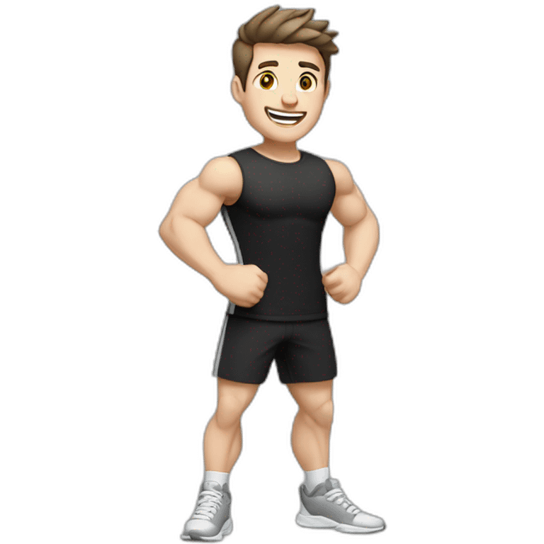 Joyful Celebrating victory Pale skinned Fit Man With the biceps and dark brown hair in black shirt, gray sports shorts and white Sneakers emoji