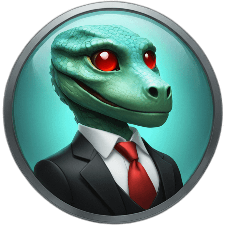 Aquamarine reptilian in classic black suite with red laser eyes on the platinum coin emoji