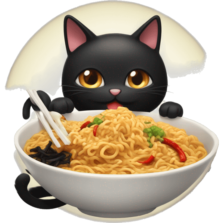 Fluffy black cat eating spicy buldak noodles  emoji