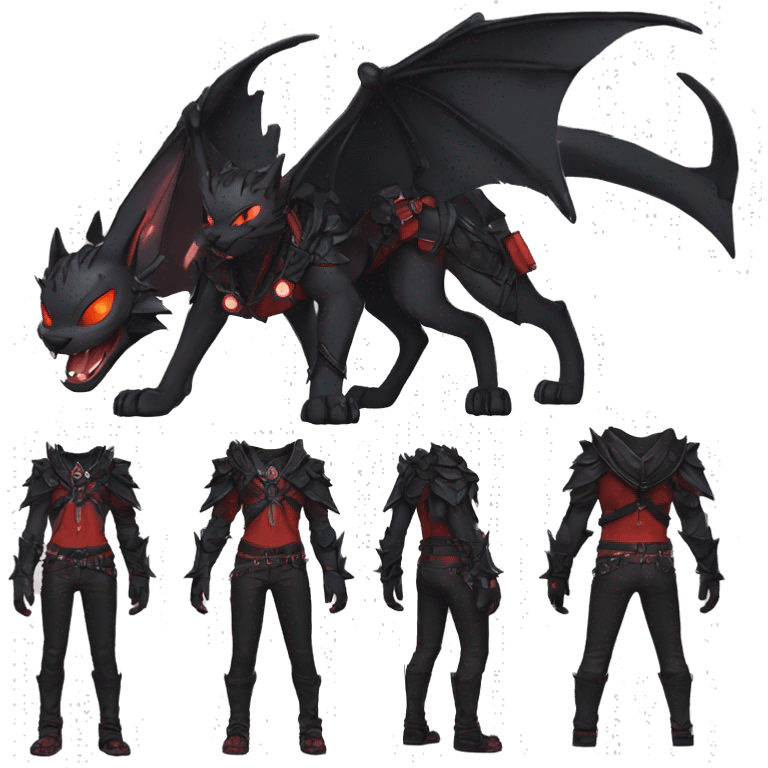 Anthro cool edgy black punk red ethereal fantasy nargacuga-bat-cat-Fakemon collar harness full body emoji