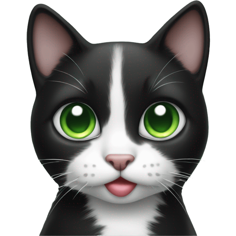 Realistic Black and white cat with green eyes holding a heart emoji