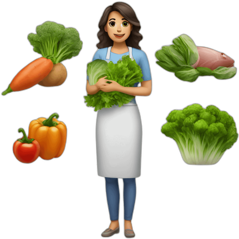 woman latina nutriologist with some vegetables an meat an fish emoji