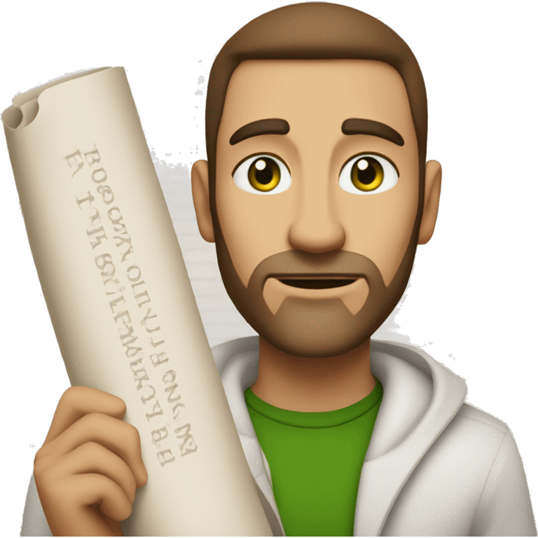 A light-skinned man with piercing green eyes, impeccably styled brown hair, and a confident demeanor holding the long white paper scroll emoji