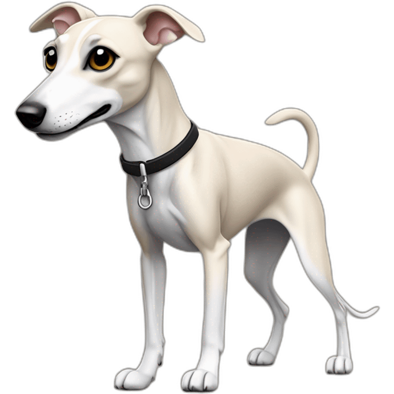 a beige whippet body with one fore-foot up and a leash going out of frame, with a dark snout, black and white mouth patchy and black angel wing like eyes emoji