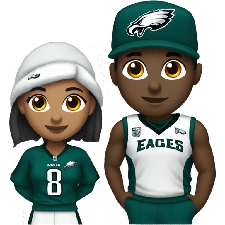 Brown skin couple in  Philadelphia Eagles clothing emoji