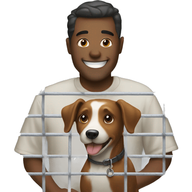 Man smiles at dog in cage emoji