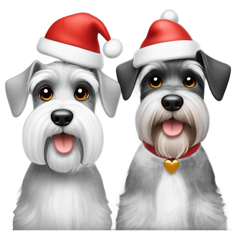 2 miniature schnauzers, 1 grey and 1 black and white, wearing Christmas hats with a heart above them emoji