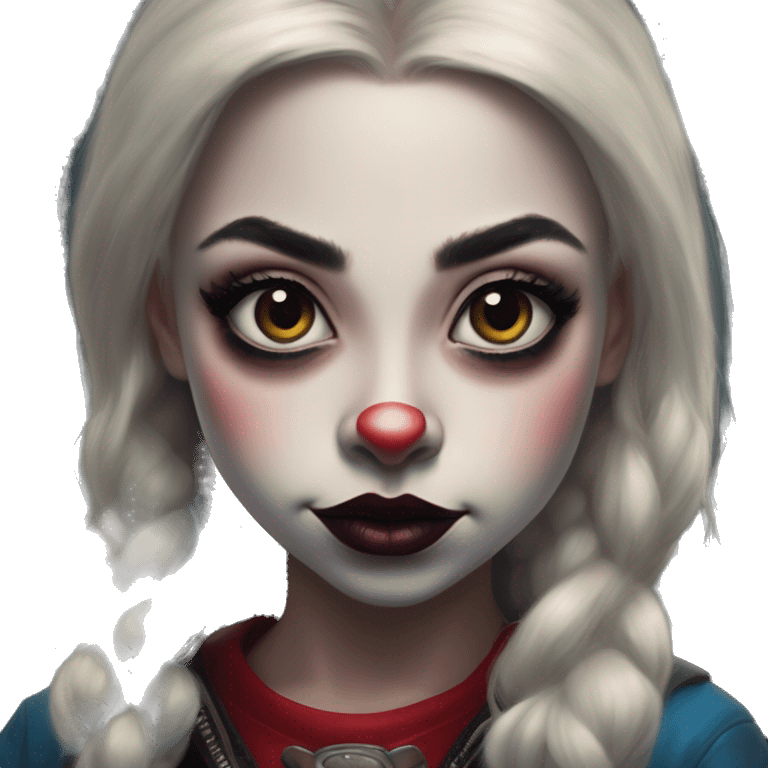 Gnome Jasmine in Harley Quinn style, oil paint, mysterious eyes, intricate lips, masterpiece portrait, odd perspective, beautiful, desirable, logical emoji