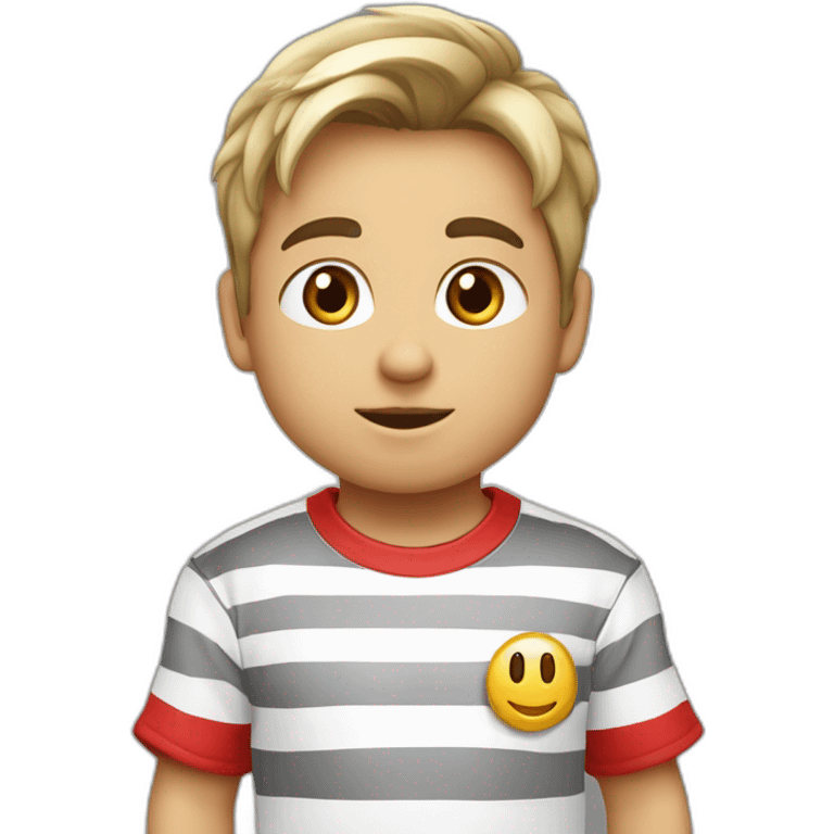 Niño rubio camiseta rayas blancas y moradas emoji