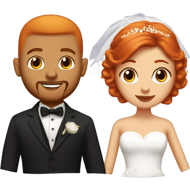 bride and groom bride is a red head with tattoos and groom is black with a small beard and buzz cut emoji