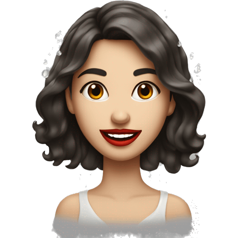 brunette girl with droplets around her red lips and a smile  emoji