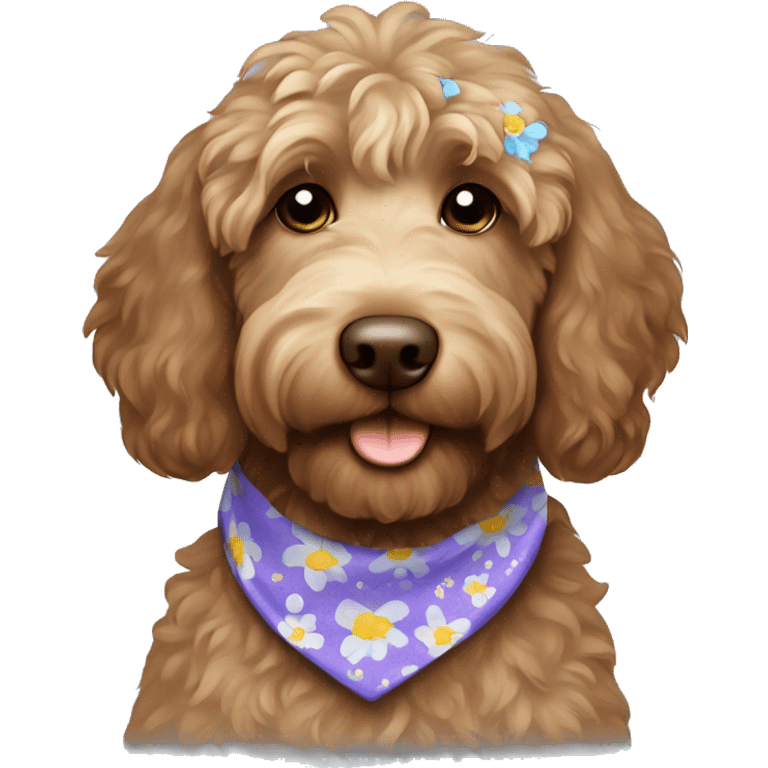 Brown labradoodle with a flower bandana emoji