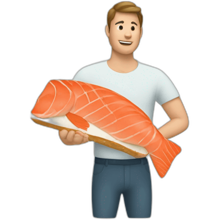 a man eating bread with a piece of raw salmon on it and dill on top emoji