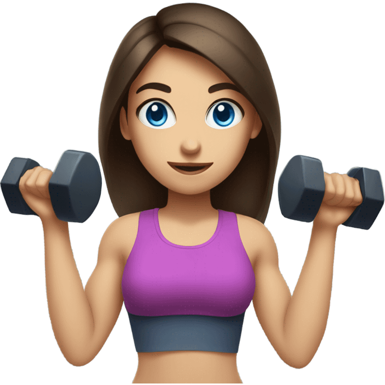 brunette girl with bright blue eyes lifting hand weights emoji