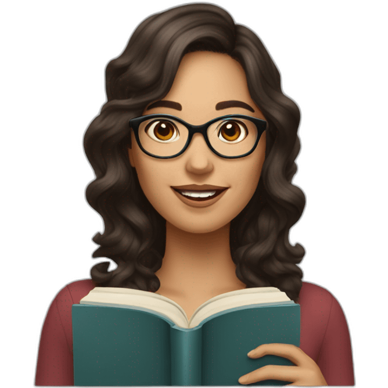 young woman with glasses and medium length wavybrunette hair halding a book emoji