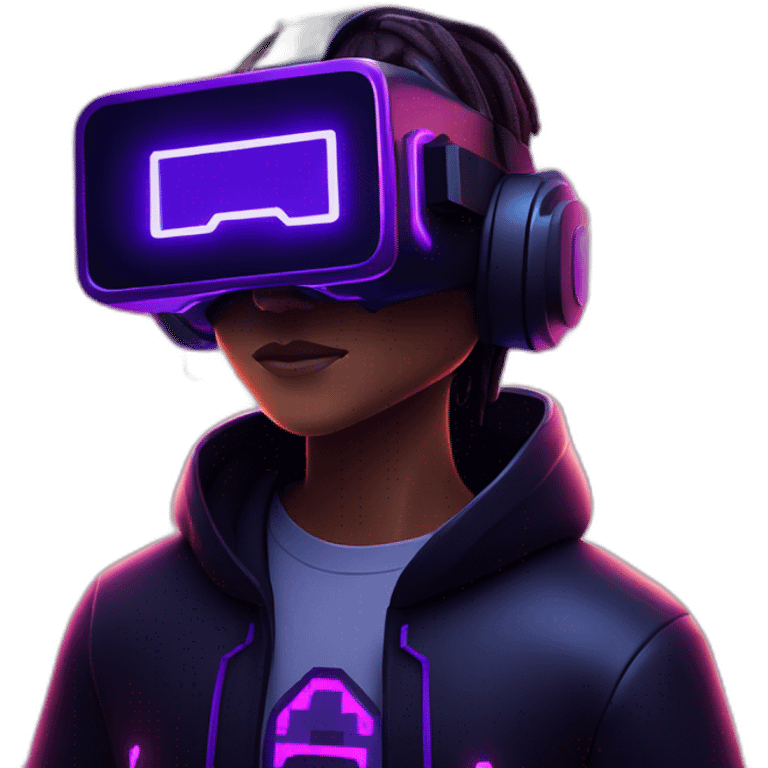 Minecraft hero wearing a black hoodie with "OMG" letters on it and VR headset in a cyberpunk VR environment with violet neon lighting. emoji