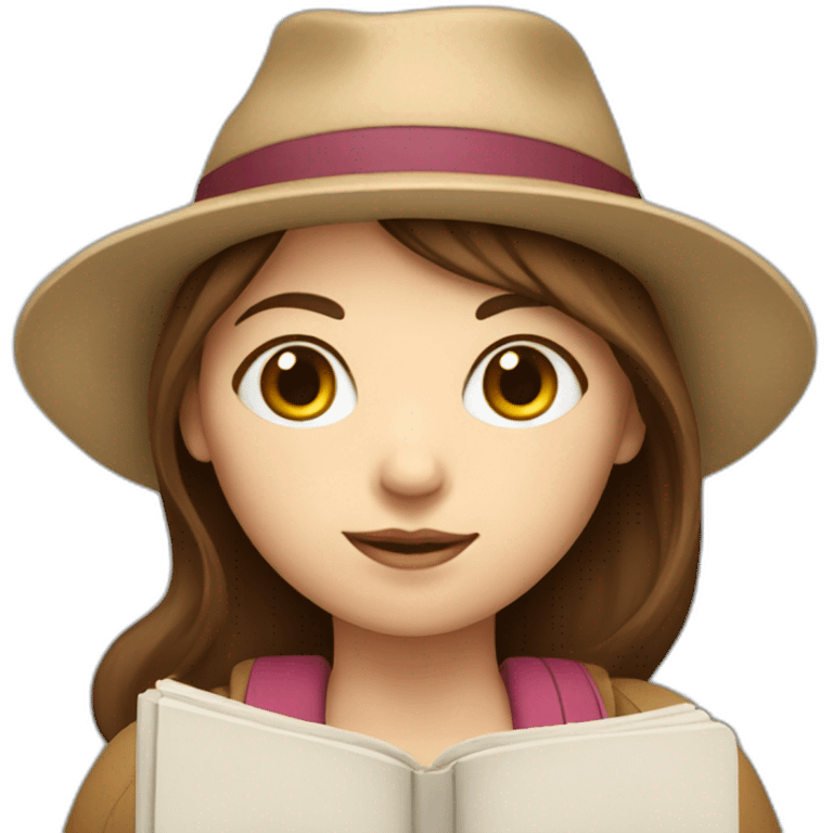 white skin, Girl with a hat, brown hair straight to the shoulders, holding a book emoji