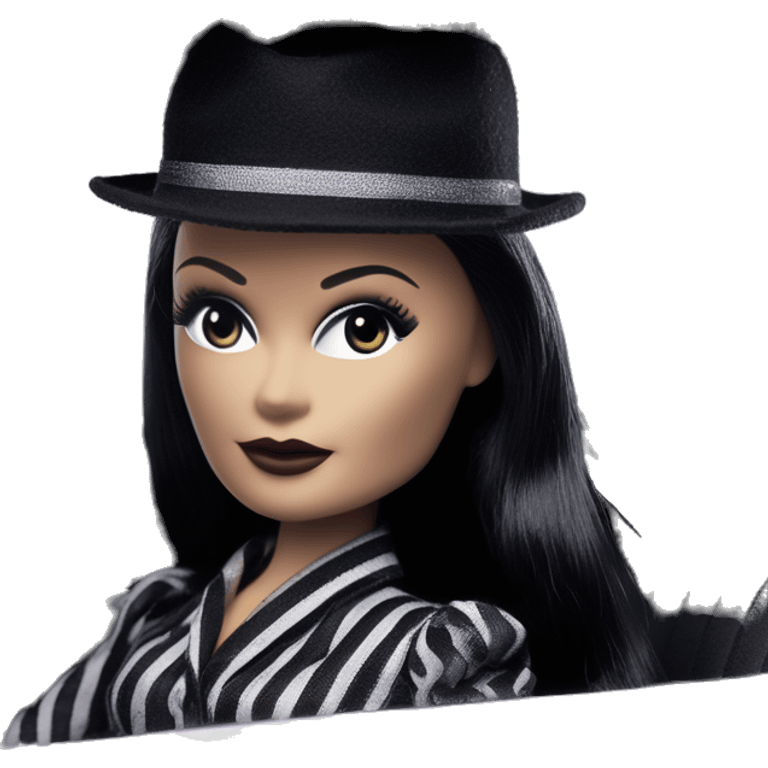 Bouclé Beauty Lingerie Barbie, Morticia Addams from academy, in dark-gray and black striped outfit with hat. Driving 1965 Mercedes 190 emoji