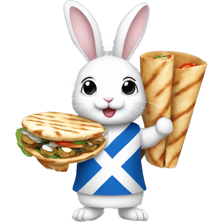 Bunny rabbit wearing Greek flag and holding gyros pita wrap emoji