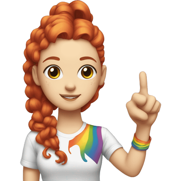 "A young white woman with lengthy red curls in a ponytail, wearing a rainbow cat shirt, poses with a peace sign." emoji