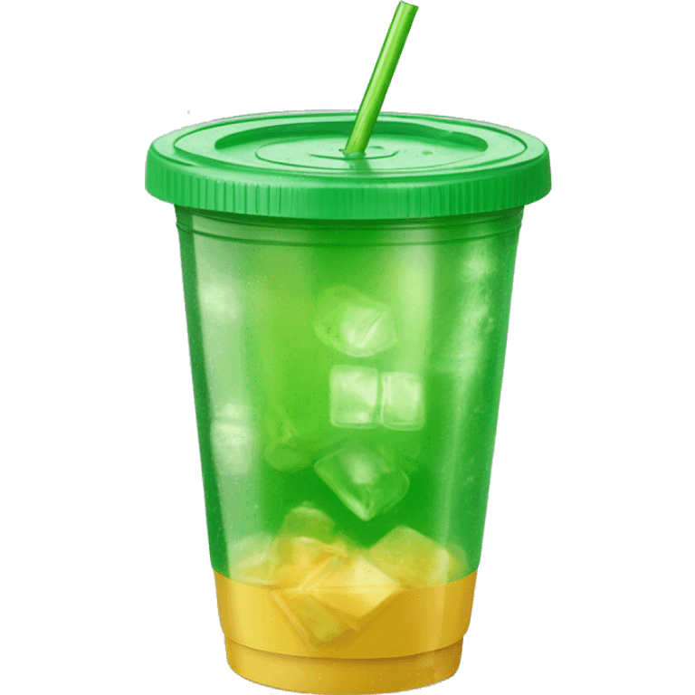 Realistic plastic cup and lid with green soda and large ice cubes inside and straw through the top of the lid. emoji