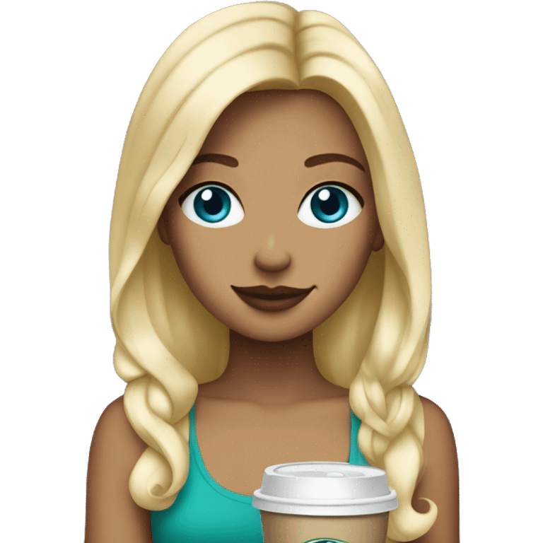 blonde girl blue eyes with Starbucks cup drink emoji