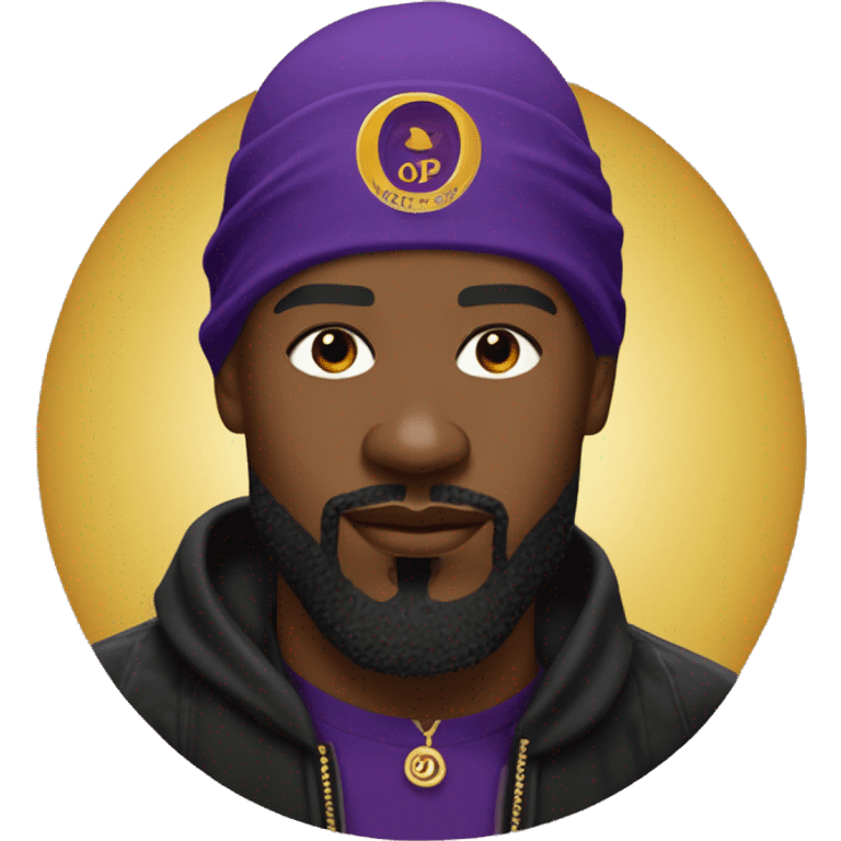 Omega psi phi man wearing a purple and gold letter man jacket a black durag on his head brown skinned black full beard and attractive slim nose and a gold hoop nose ring  emoji