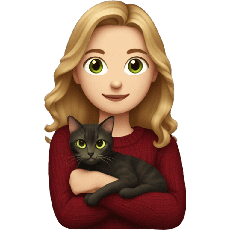 White girl with green eyes and light brown hair wearing a dark red sweater and holding a dark tortoiseshell cat emoji